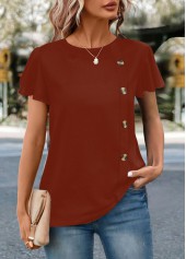 Brick Red Round Neck Button T Shirt