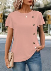 Pink Round Neck Short Sleeve Button T Shirt