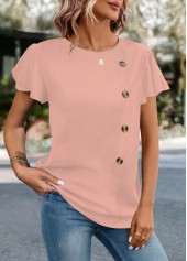 Pink Round Neck Short Sleeve Button T Shirt