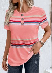 Pink Round Neck Short Sleeve Striped T Shirt