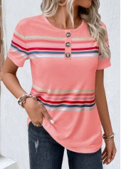 Pink Round Neck Short Sleeve Striped T Shirt