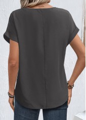 Zipper Grey Short Sleeve Round Neck Blouse