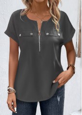 Zipper Grey Short Sleeve Round Neck Blouse