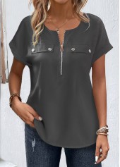 Zipper Grey Short Sleeve Round Neck Blouse