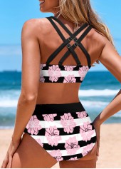 Mid Waisted Striped Criss Cross Black Bikini Set