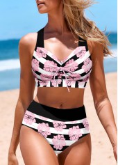 Mid Waisted Striped Criss Cross Black Bikini Set