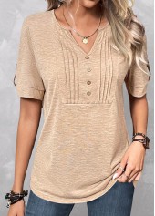 Split Neck Button Light Camel T Shirt