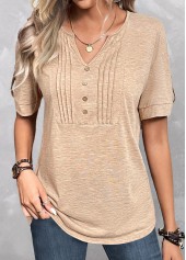 Split Neck Button Light Camel T Shirt