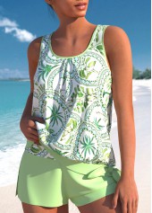 Mid Waisted Tropical Plants Print Asymmetry Tankini Set