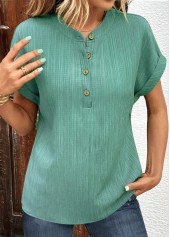 Green V Neck Short Sleeve Button T Shirt