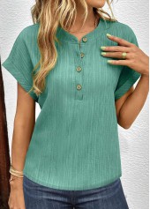 Green V Neck Short Sleeve Button T Shirt