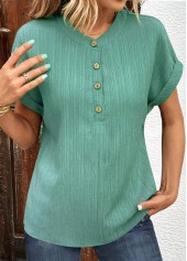 Green V Neck Short Sleeve Button T Shirt