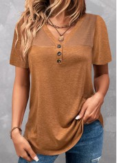Dark Camel V Neck Patchwork T Shirt