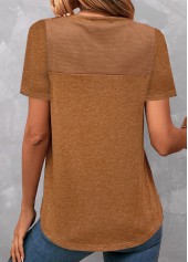 Dark Camel V Neck Patchwork T Shirt