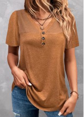 Dark Camel V Neck Patchwork T Shirt