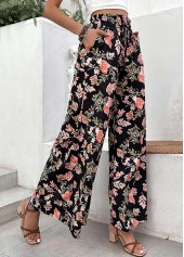 Floral Print Lightweigh Black Elastic Waist Pants