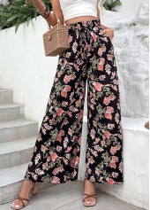 Floral Print Lightweigh Black Elastic Waist Pants