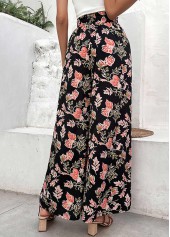 Floral Print Lightweigh Black Elastic Waist Pants