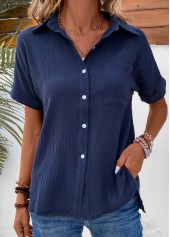 Pocket Shirt Collar Short Sleeve Navy Blouse