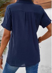 Pocket Shirt Collar Short Sleeve Navy Blouse