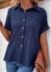 Pocket Shirt Collar Short Sleeve Navy Blouse