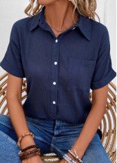 Pocket Shirt Collar Short Sleeve Navy Blouse