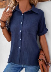 Pocket Shirt Collar Short Sleeve Navy Blouse