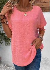 Smocked Round Neck Half Sleeve Pink T Shirt