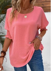 Smocked Round Neck Half Sleeve Pink T Shirt