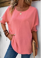 Smocked Round Neck Half Sleeve Pink T Shirt