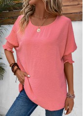 Smocked Round Neck Half Sleeve Pink T Shirt