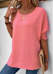 Smocked Round Neck Half Sleeve Pink T Shirt
