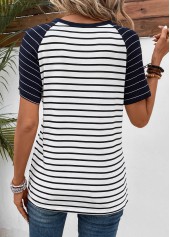 Striped Patchwork Navy Round Neck T Shirt