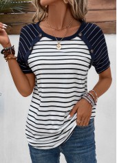 Striped Patchwork Navy Round Neck T Shirt