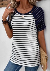Striped Patchwork Navy Round Neck T Shirt