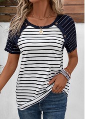 Striped Patchwork Navy Round Neck T Shirt