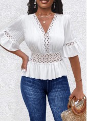 White V Neck Half Sleeve Patchwork T Shirt