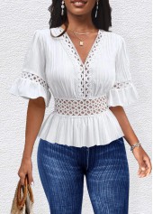 White V Neck Half Sleeve Patchwork T Shirt