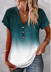 Turquoise Plus Size Button Ombre Short Sleeve Blouse