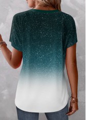 Turquoise Plus Size Button Ombre Short Sleeve Blouse