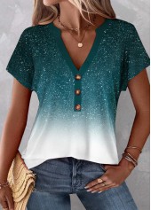Turquoise Plus Size Button Ombre Short Sleeve Blouse