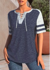 Patchwork Navy Short Sleeve Lace Up Collar Blouse
