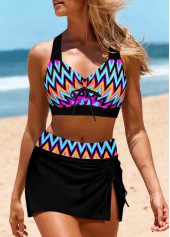 Mid Waisted Chevron Print Bowknot Black Bikini Set