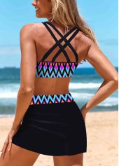 Mid Waisted Chevron Print Bowknot Black Bikini Set