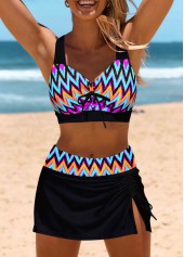 Mid Waisted Chevron Print Bowknot Black Bikini Set