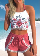 High Waisted Floral Print Lace Bikini Set