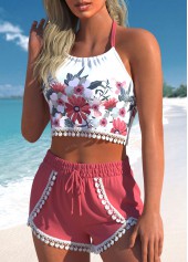 High Waisted Floral Print Lace Bikini Set