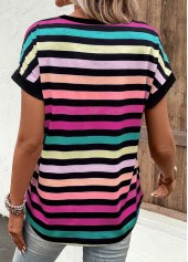 Striped Button Multi Color V Neck T Shirt