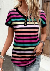 Striped Button Multi Color V Neck T Shirt