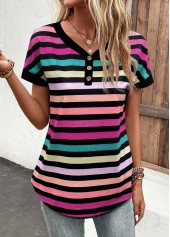 Striped Button Multi Color V Neck T Shirt